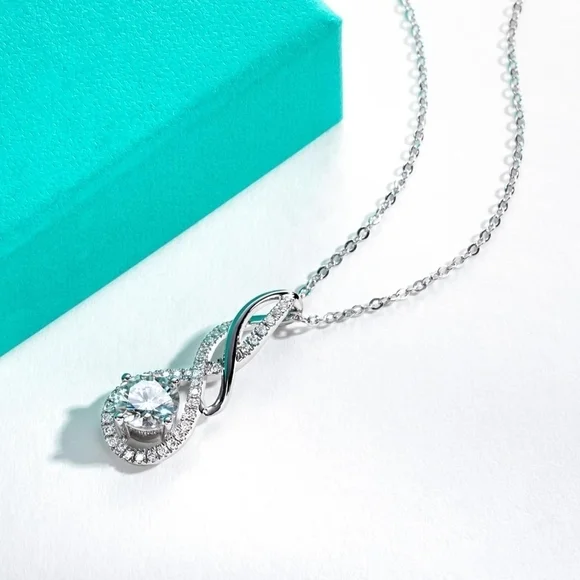 Certified 18k White Gold Infinity Pendant Necklace 2CT Moissanite S925 Statement - Picture 3 of 6